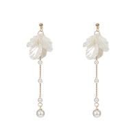 Brass Drop Earring with Shell & Plastic Pearl gold color plated for woman Sold By Pair