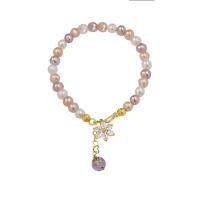 Bracelet en perles de culture d'eau douce, perle d'eau douce cultivée, avec améthyste & laiton, Placage de couleur d'or, pour femme & avec zircone cubique, multicolore, 160x40mm, Vendu par PC