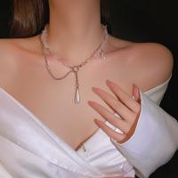 Quarz Halskette, Zinklegierung, mit Rosenquarz & Kunststoff Perlen, Tropfen, silberfarben plattiert, Doppelschicht & für Frau, Rosa, 250x400mm, verkauft von PC