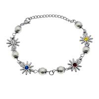Titanium Steel Bracelet & Bangle with Rhinestone & Plastic Pearl with 5cm extender chain Flower silver color plated Unisex silver color Length Approx 20 cm Sold By PC
