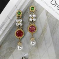 Zinc Alloy Drop Earrings with Gemstone & Plastic Pearl gold color plated folk style mixed colors Sold By Lot