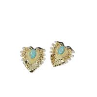 Tibetan Style Stud Earring, with Plastic Pearl, Heart, gold color plated, for woman, blue, 21x19mm, 10Pairs/Lot, Sold By Lot