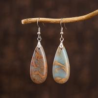 Shoushan Stone Drop Earring, 316L roestvrij staal oorbel haak, Traan, silver plated, voor vrouw, blauw, 50x15mm, Verkocht door pair