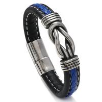 Bracelets cordon PU, cuir PU, avec acier inoxydable, Placage de couleur argentée, bracelet tressé & unisexe & normes différentes pour le choix, noire, 12mm, Vendu par PC
