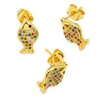 Cubic Zirconia Micro Pave Brass Earring, Fish, micro pave cubic zirconia & for woman, golden, 15x12x7mm, Sold By Pair