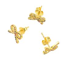 Boucles d'oreilles en laiton zircon cubique pavent, Noeud papillon, pavé de micro zircon & pour femme, doré, 14x11x7mm, Vendu par paire