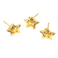 Boucles d'oreilles en laiton zircon cubique pavent, étoile, pavé de micro zircon & pour femme, doré, 14x11mm, Vendu par paire