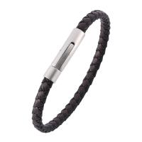 PU Leather Cord Bracelets Microfiber PU stainless steel snap clasp silver color plated braided bracelet & Unisex black and brown 6mm Sold By Strand