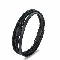 PU Leather Cord Bracelets with Stainless Steel gun black plated three layers & braided bracelet & for man black 3mm Length Approx 21.5 cm Sold By PC