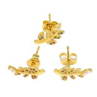 Cubic Zirconia Micro Pave Brass Earring, Leaf, micro pave cubic zirconia & for woman, golden, 14x14x8mm, Sold By Pair
