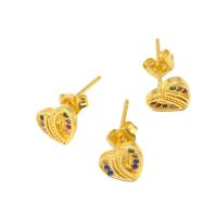 Boucles d'oreilles en laiton zircon cubique pavent, coeur, pavé de micro zircon & pour femme, doré, 14x7x8mm, Vendu par paire