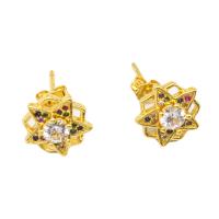 Boucles d'oreilles en laiton zircon cubique pavent, étoile, pavé de micro zircon & pour femme, doré, 16x11mm, Vendu par paire