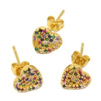 Cubic Zirconia Micro Pave Brass Earring, Heart, micro pave cubic zirconia & for woman, golden, 13x8x9mm, Sold By Pair