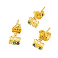 Boucles d'oreilles en laiton zircon cubique pavent, couronne, pavé de micro zircon & pour femme, doré, 14x6x6mm, Vendu par paire