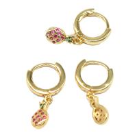 Huggie Hoop Drop Earring, Brass, Pineapple, micro pave cubic zirconia & for woman, golden, 13x6x2mm, Sold By Pair
