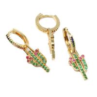 Huggie Hoop Drop Earring, Brass, Opuntia Stricta, micro pave cubic zirconia & for woman, golden, 33x10x2mm, Sold By Pair