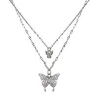 Zinc Alloy Jewelry Necklace with Cubic Zirconia with 5cm extender chain Butterfly silver color plated Double Layer & for woman silver color Length Approx 38 cm Sold By PC