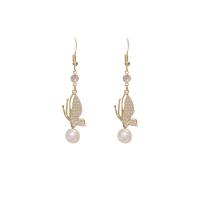 Tibetan Style Drop Earrings, with Cubic Zirconia & Rhinestone & Plastic Pearl, brass earring hook, Butterfly, gold color plated, for woman, more colors for choice, 15x68mm, Sold By Pair