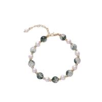 Quartz Bracelets, Tibetan Style, with Green Phantom Quartz & Freshwater Pearl, gold color plated, for woman, white, 5mm, Length:Approx 20 cm, Sold By PC