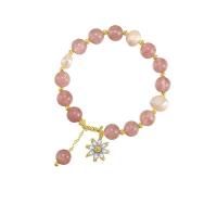Quartz Bracelets, Strawberry Quartz, with Freshwater Pearl & Plastic Pearl & Tibetan Style, Flower, gold color plated, Length Adjustable & for woman, light pink, 5mm, Length:Approx 20 cm, Sold By PC
