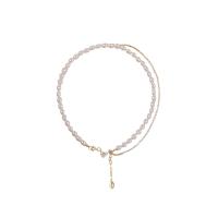 Plastik perle halskæde, Zinc Alloy, med Cubic Zirconia & Plastic Pearl, guldfarve belagt, for kvinde, hvid, nikkel, bly & cadmium fri, 9mm, Længde Ca. 36 cm, Solgt af PC