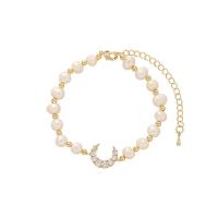 Bracelet en perles de culture d'eau douce, alliage de zinc, avec perle d'eau douce cultivée, lune, Placage de couleur d'or, pavé de micro zircon & pour femme, blanc, 5mm, Longueur:Environ 20 cm, Vendu par PC