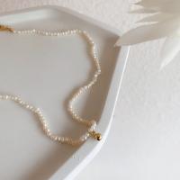 Natürliche Süßwasserperlen Halskette, Zinklegierung, mit Natürliche kultivierte Süßwasserperlen, goldfarben plattiert, für Frau, weiß, 3mm, Länge:ca. 48 cm, verkauft von PC