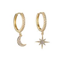 Asymmetric Earrings Zinc Alloy brass earring lever back clip Moon and Star plated for woman & with rhinestone 26mm Sold By Pair