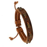Cowhide Bracelet, with Wax Cord & Tibetan Style, Adjustable & Unisex, coffee color, 1.2cm,17-18cm, Sold By PC