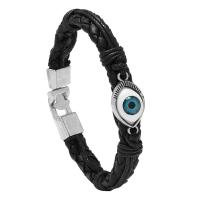 PU Leather Cord Bracelets, with Tibetan Style, Evil Eye, Unisex, black, 215x10mm, Sold By PC