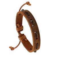 Cowhide Bracelet, with Wax Cord & Tibetan Style, Adjustable & Unisex, coffee color, 1.2cm,17-18cm, Sold By PC