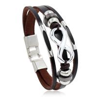 Cowhide Bracelet, with Wax Cord & Copper Coated Plastic & Tibetan Style, Unisex, more colors for choice, 205x15mm, Sold By PC