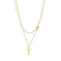Edelstahl Schmuck Halskette, mit Verlängerungskettchen von 2.36inch, Kreuz, goldfarben plattiert, Doppelschicht & für Frau, 20mm, Länge:16.14 ZollInch, verkauft von PC