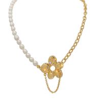 Natural Freshwater Pearl Necklace Zinc Alloy with Freshwater Pearl & Rhinestone Flower gold color plated & for woman Length Approx 46.5 cm Sold By PC