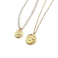 Freshwater Pearl Brass Chain Necklace, cobre, with Pérolas de água doce, banhado a ouro genuino, micro pavimento em zircônia cúbica & para mulher, dourado, vendido por PC