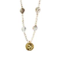 Freshwater Pearl Brass Chain Necklace, cobre, with Pérolas de água doce, banhado a ouro genuino, micro pavimento em zircônia cúbica & para mulher, cores misturadas, 22mm, comprimento 52 cm, vendido por PC
