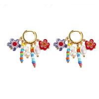 Huggie Hoop Drop Earring, Brass, with Freshwater Pearl & Lampwork, real gold plated, for woman, mixed colors, 40x34mm, Sold By PC