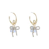 Zinc Alloy Drop Earrings with pearl Bowknot for woman & with rhinestone golden Sold By Pair