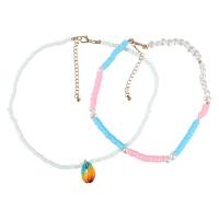 Plastik perle halskæde, Zinc Alloy, med ABS plastik perle & Polymer Clay & Shell, med 3.07 extender kæde, 2 stykker & mode smykker & for kvinde, flerfarvede, Længde 15.70 inch, Solgt af sæt