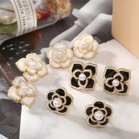 Zinc Alloy Stud Earring with Plastic Pearl & enamel 925 thailand sterling silver post pin Flower gold color plated for woman Sold By Pair