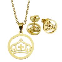 Fashion Stainless Steel Jewelry Sets, Stud Earring & necklace, crown design & for woman & hollow, golden, 17*19mm,1.5mm,10mm, Length:17 Inch, Sold By Set