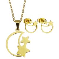 Conjuntos de jóias de aço inoxidável, Brinco de garanhão & colar, Lua e estrela, para mulher & vazio, dourado, 16*20mm,1.5mm,9*10mm, comprimento 17 inchaltura, vendido por Defina