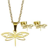 Fashion Stainless Steel Jewelry Sets Stud Earring & necklace Dragonfly for woman golden 21*13mm 1.5mm 12*6mm Length 17 Inch Sold By Set