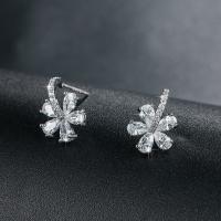 Brass Flower real gold plated fashion jewelry & for woman & with cubic zirconia silver color Sold By Pair
