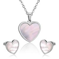 Fashion Stainless Steel Jewelry Sets, Stud Earring & necklace, with White Shell, Heart, 2 pieces & for woman, 25*23mm,11.5*11mm, Length:17.72 Inch, Sold By Set