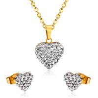 Fashion Stainless Steel Jewelry Sets, Stud Earring & necklace, Heart, plated, micro pave cubic zirconia & for woman, more colors for choice, 14*13mm,9*8.5mm, Length:17.72 Inch, Sold By Set