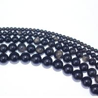 Gold- Obsidian Perle, rund, DIY, schwarz, verkauft per 40 cm Strang