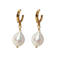 Huggie Hoop Drop Earring, Brass, with Freshwater Pearl, real gold plated, for woman, mixed colors, 35x12mm, Sold By PC