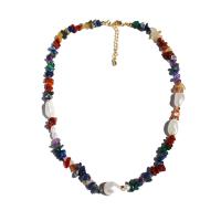 Natural Gemstone Necklace Brass with Natural Stone & Freshwater Pearl real gold plated for woman mixed colors 8mm Length 48 cm Sold By PC