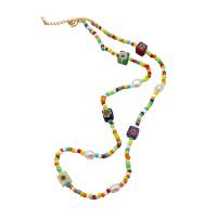 Lampwork Necklace, Brass, with Seedbead & Freshwater Pearl & Lampwork, real gold plated, for woman, multi-colored, 8mm, Length:51 cm, Sold By PC